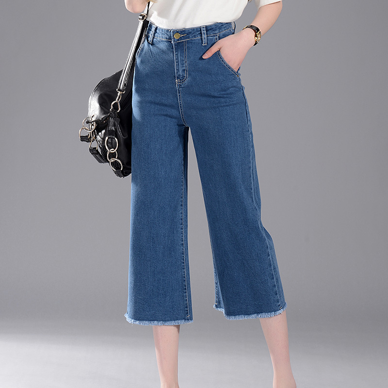 Flash Sale Longgar musim semi dan musim panas mahasiswa duri pinggang tinggi celana denim celana lebar kaki (Light Blue) (Light Blue)