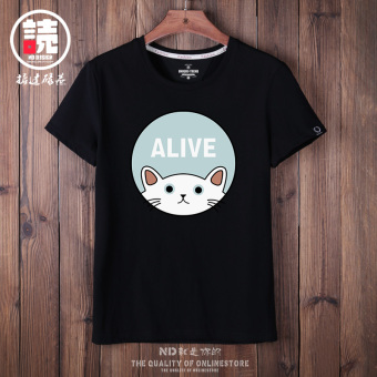 Gambar LOOESN Japanese style cotton men s short sleeve boy s versatile T shirt (Hitam kucing segar kecil)