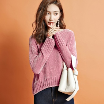 Gambar LOOESN wol rendah leher bulat pullover sweater kemeja warna solid (Merah muda)