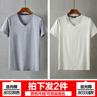 Gambar Mercerized Kapas Warna Solid V neck Baru Kemeja Putih T shirt (V neck abu abu terang + abu abu gelap) (V neck abu abu terang + abu abu gelap)