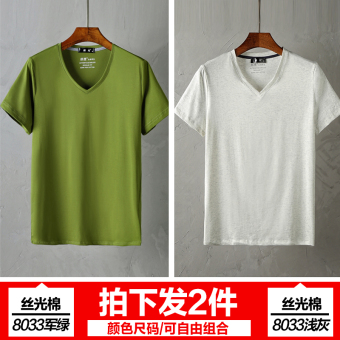 Gambar Mercerized Kapas Warna Solid V neck Baru Kemeja Putih T shirt (V neck abu abu terang + hijau tentara) (V neck abu abu terang + hijau tentara)