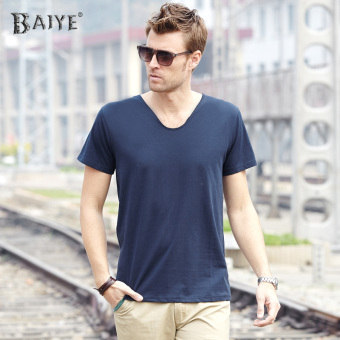 Gambar Modal berbentuk hati v neck Slim bottoming kemeja t shirt (Biru tua)