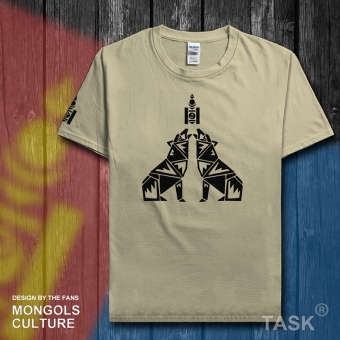 Gambar Mongolia elemen Serigala Totem pakaian t shirt cetak t shirt (Lengan pendek warna pasir hitam kata)