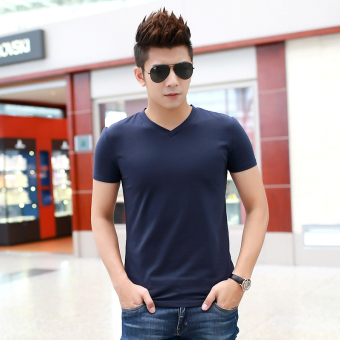 Gambar Musim panas peregangan Slim Jixin Ling v neck t shirt (Biru tua)