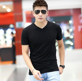 Gambar Musim panas peregangan Slim Jixin Ling v neck t shirt (Hitam)