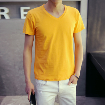 Gambar Musim panas warna solid v neck lengan pendek t shirt (Oranye warna)