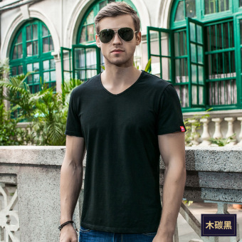 Gambar Nachuan kepribadian pria Burr v neck t shirt warna solid lengan pendek t shirt (Hitam TS212)