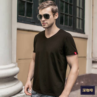 Gambar Nachuan kepribadian pria Burr v neck t shirt warna solid lengan pendek t shirt (Kopi gelap TS212)