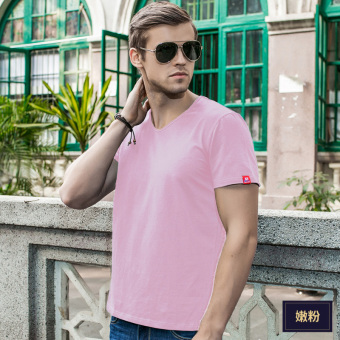 Gambar Nachuan kepribadian pria Burr v neck t shirt warna solid lengan pendek t shirt (Lembut merah muda TS212)