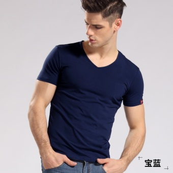 Gambar Nachuan laki laki v neck pemuda Slim bottoming kemeja t shirt (Safir biru)