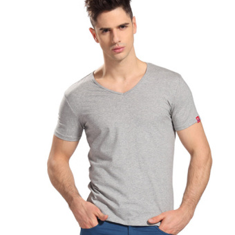 Gambar Nachuan tren warna solid tipis Slim bottoming kemeja t shirt baru (TS113 bunga abu abu V)