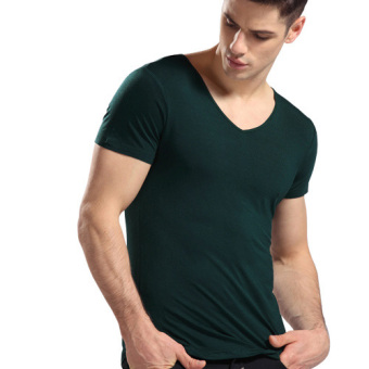 Gambar Nachuan tren warna solid tipis Slim bottoming kemeja t shirt baru (TS113 hijau gelap V)