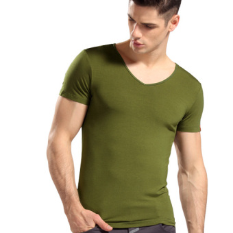 Gambar Nachuan tren warna solid tipis Slim bottoming kemeja t shirt baru (TS113 tentara hijau v)