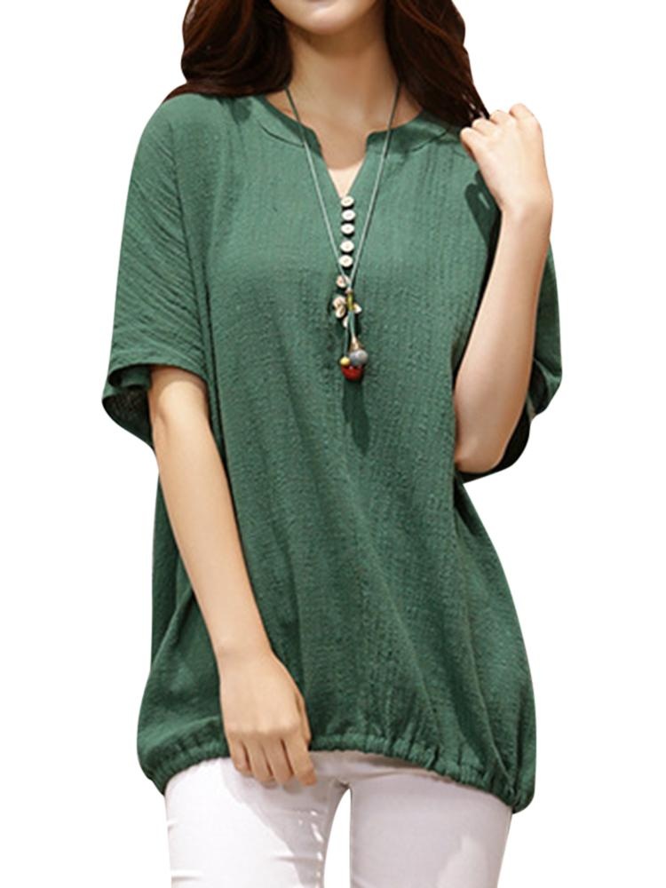 O-Newe Wanita Kasual Solid V-Neck Hem Atasan Tali Pengikat Hijau-Intl