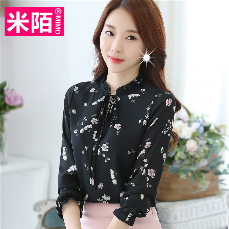 Flash Sale Pada lengan panjang bermotif bunga style baru bottoming kemeja sifon baju kemeja (Hitam