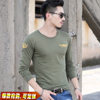 Gambar Pria lengan panjang ledakan model pria t shirt bottoming kemeja (3500 leher bulat warna militer)