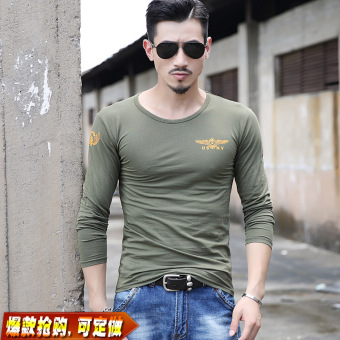 Gambar Pria lengan panjang ledakan model pria t shirt bottoming kemeja (3508 leher bulat warna militer)