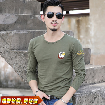 Gambar Pria lengan panjang ledakan model pria t shirt bottoming kemeja (3509 leher bulat warna militer)