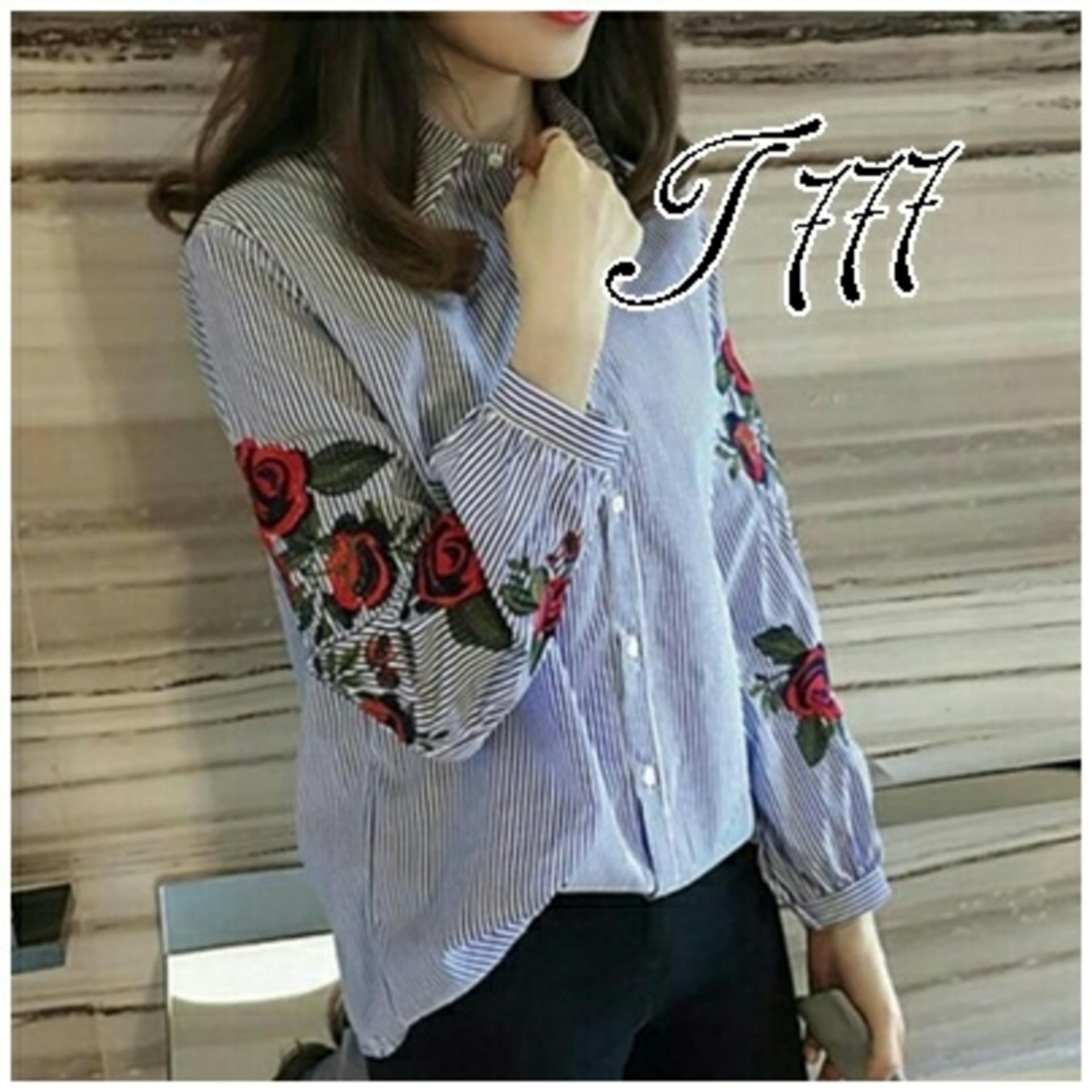 PusatFashion Kemeja Fashion Women Stripe Rose - Navy Blue