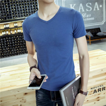 Gambar Putih musim panas pria Slim t shirt (V neck angkatan laut warna biru lengan pendek)