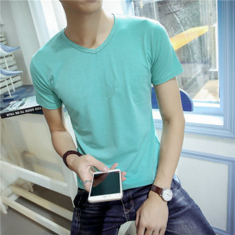 Gambar Putih musim panas pria Slim t shirt (V neck berwarna hijau muda lengan pendek)