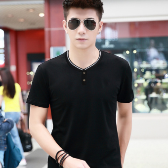 Gambar Sasaliya Korea Fashion Style Slim V neck Lengan Pendek T shirt (Hitam) (Hitam)