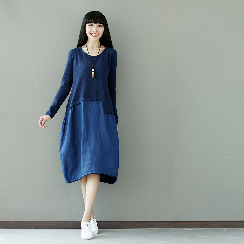 Flash Sale Sastra katun musim gugur ayat gaun longgar (Biru tua)