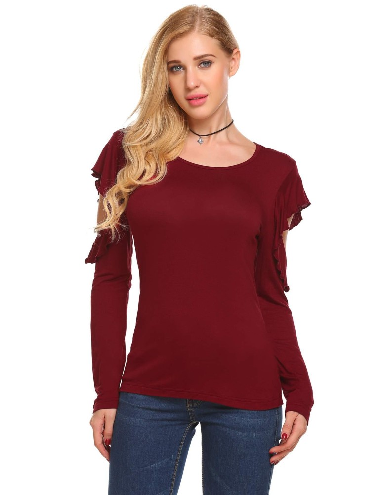 Supercart Kasual O Leher Ruffles Dingin Bahu Lengan Panjang Solid Blus Atasan (Abu-abu)-International