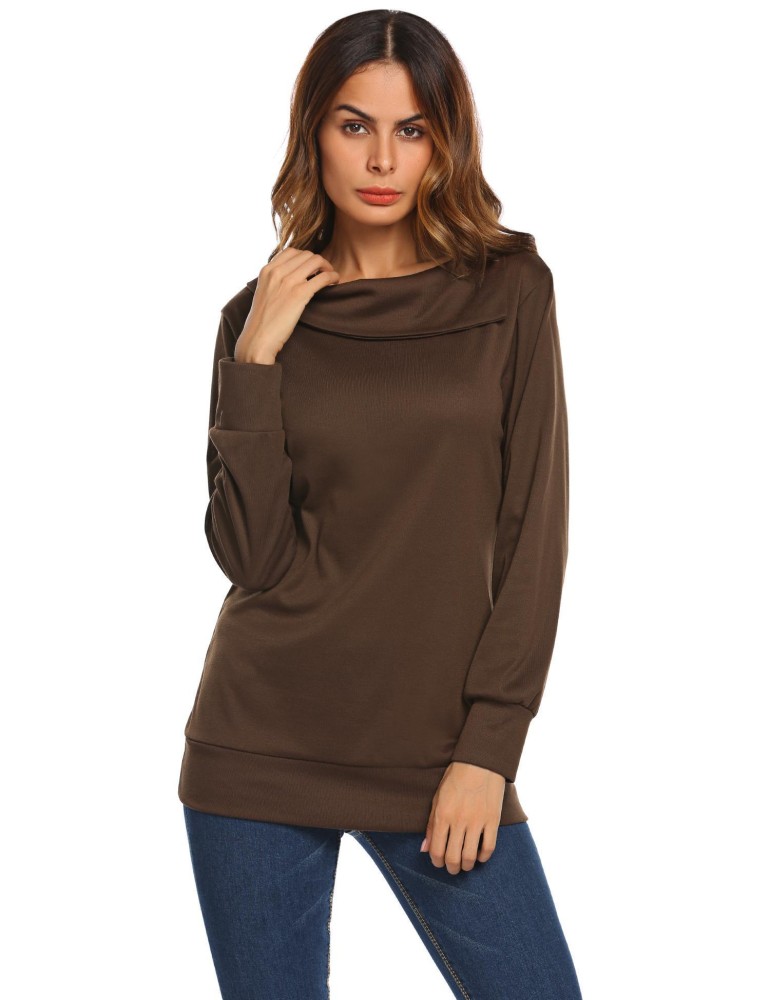 SuperCart Kasual Wanita Kerudung Leher Lengan Panjang Atasan Padat (Brown)-Intl