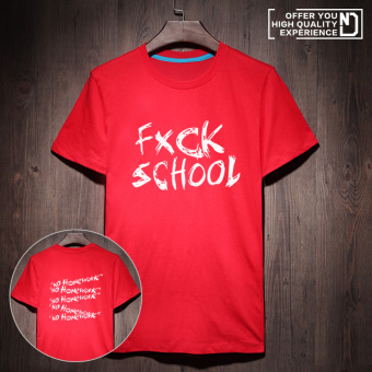 Gambar Tide kepribadian merek musim panas laki laki lengan pendek cetak longgar katun t shirt (Merah Fuck Sekolah BPK) (Merah Fuck Sekolah BPK)