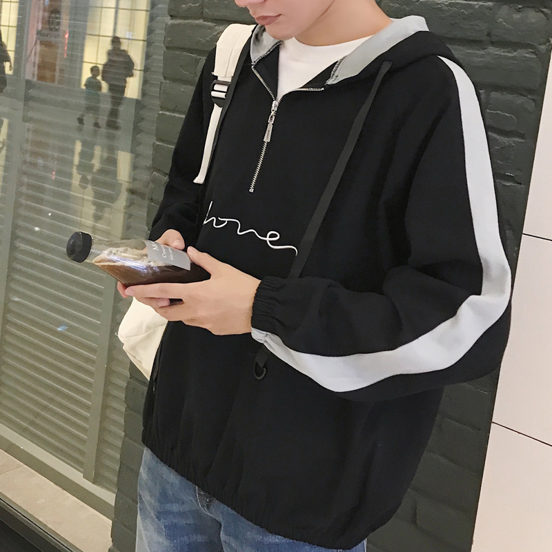 Cheap online Tide merek Jepang warna hit berkerudung hoodies longgar bordir jaket (Hitam)