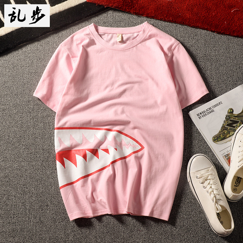 Flash Sale Tide merek katun Jepang merah muda Wukong t-shirt (791 hiu lengan