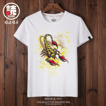 Gambar Tide pria kapas merek leher bulat longgar penuh kasih kemeja olahraga lengan pendek t shirt (Putih Scorpion)