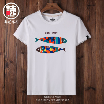 Gambar Tren baru merokok dicetak t shirt (Putih ikan warna hedged Large cap)