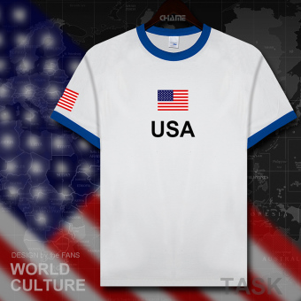 Gambar USA kasual katun sepakbola t shirt lengan pendek kemeja laki laki pakaian (Hit warna kerah biru safir warna tepi hitam kata)