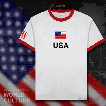 Gambar USA kasual katun sepakbola t shirt lengan pendek kemeja laki laki pakaian (Hit warna kerah merah tepi hitam kata)