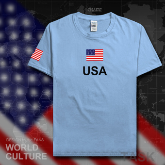 Gambar USA kasual katun sepakbola t shirt lengan pendek kemeja laki laki pakaian (Lengan pendek biru muda hitam kata)