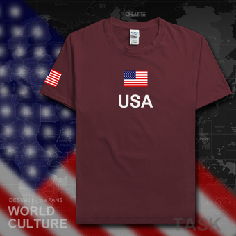 Gambar USA kasual katun sepakbola t shirt lengan pendek kemeja laki laki pakaian (Lengan pendek merah marun)