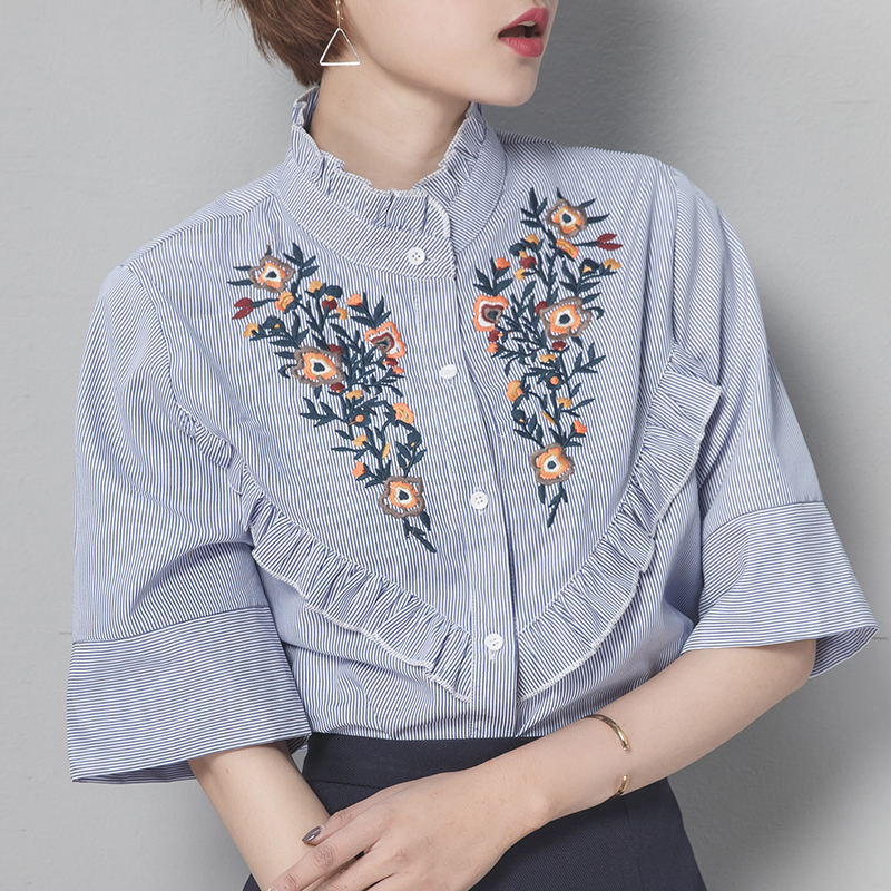Versi Korea bordir musim panas bordir kemeja lengan pendek flounced blus (Biru)
