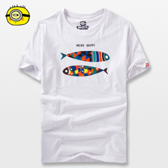 Gambar Versi Korea dari kapas dicetak angkatan laut biru musim panas bottoming kemeja t shirt (Putih happy ikan)