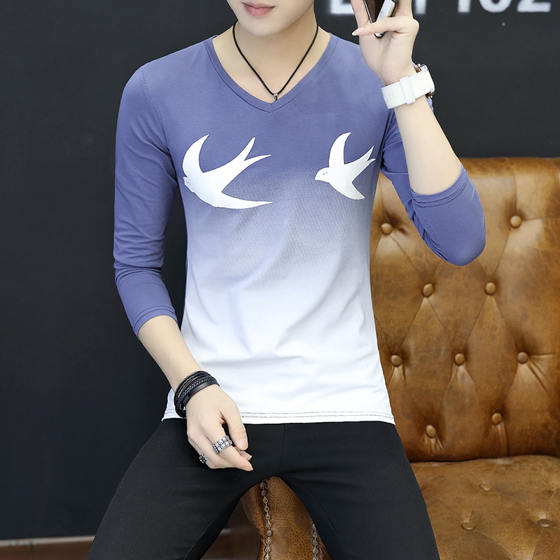 Versi Korea pria lengan panjang t-shirt v-neck t-shirt bottoming kemeja