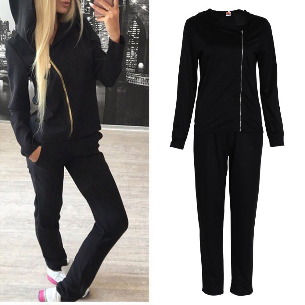 Wanita Tops Girl Miring Ritsleting Sweatsuit Sport hoodie Sweatshirt dan Celana Set Musim Gugur-Intl