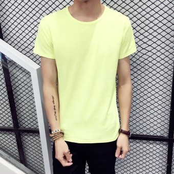 Gambar Warna solid pria lengan pendek leher bulat musim panas t shirt (Kuning cerah)