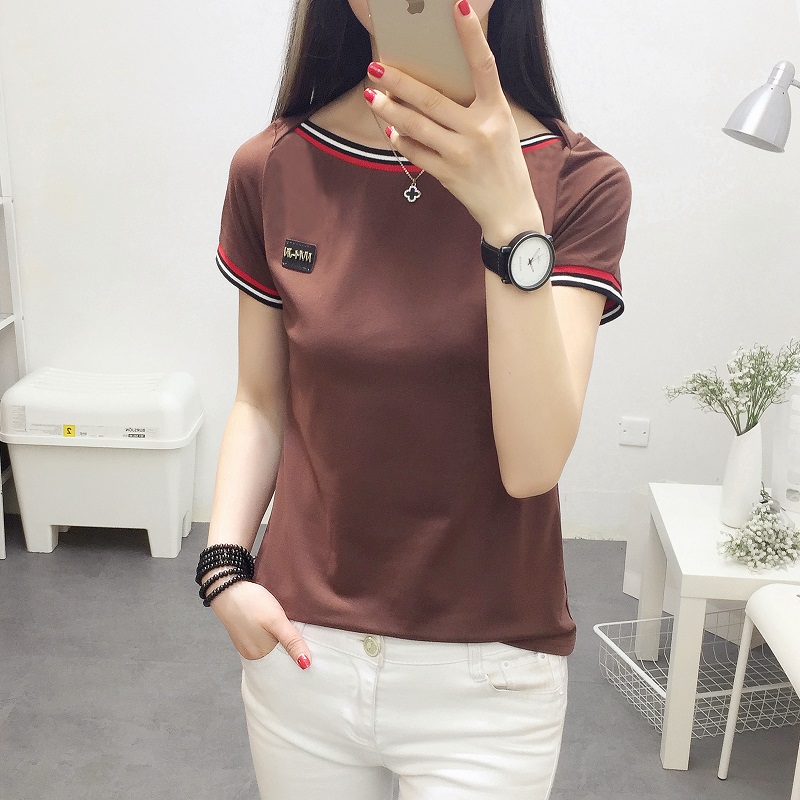 Xianyuansu Kaos Wanita Pas Badan Model Sabrina Lengan Pendek 4 Warna (736 (khaki)