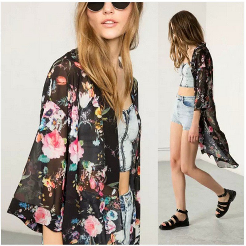 ZANZEA Bohemian Kimono Kasual Cardigan Panjang Longgar Wanita Blus Sifon Kemeja Smock Wanita Vintage Atasan Pakaian Bersepeda Ukuran (Putih) -Intl