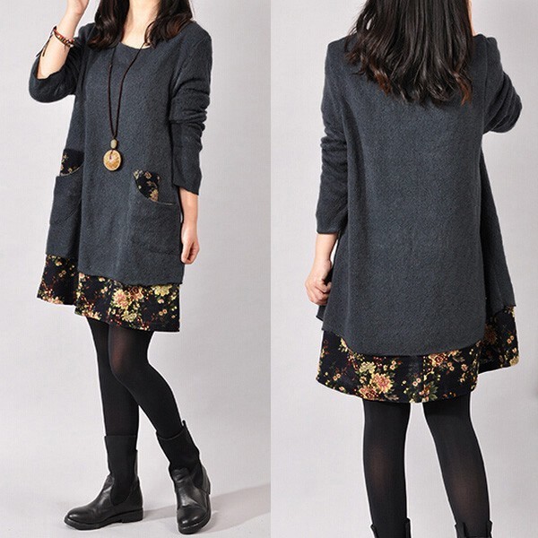 ZANZEA lepas baju kasual wanita Floral Mini terlalu besar sweter rajut baju atasan panjang - Internasional