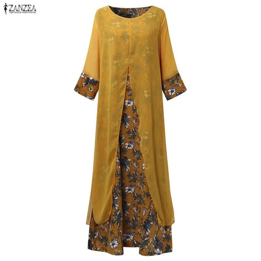 ... ZANZEA Women Retro Floral Print Splice Loose Casual Long Shirt Dress Summer Ladies 3/4 ...