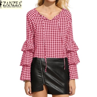jual zanzea s check plaid shirt layered ruffle bell sleeve tops neck casual jual zanzea s check plaid shirt layered ruffle bell sleeve tops neck casual