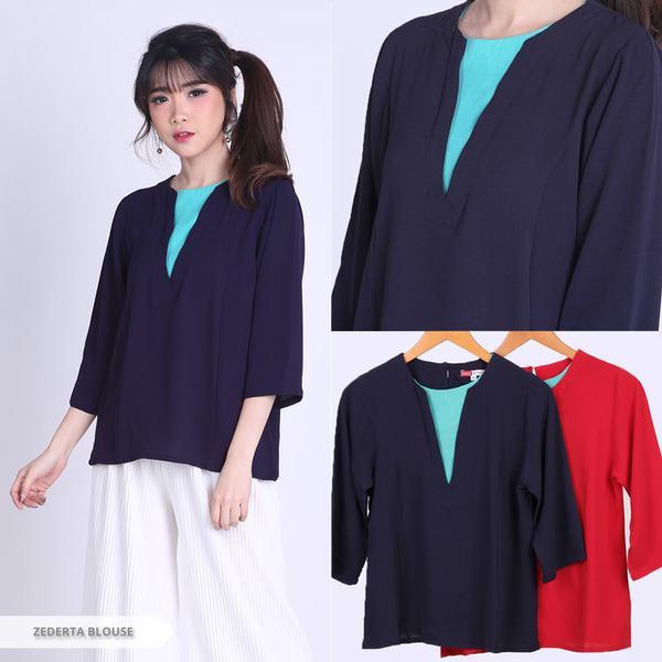 Zederta Two Tone Half Sleeve Blouse - Red