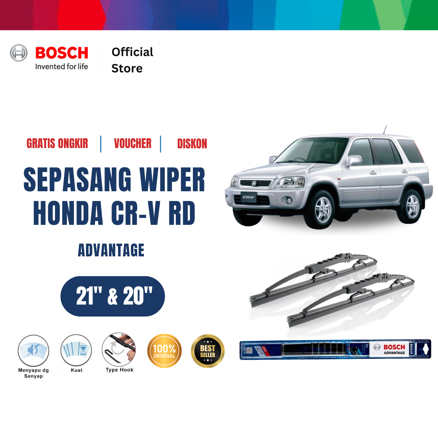 Bosch Sepasang Wiper Kaca Mobil Honda CRV RD 2002-on Advantage 21 dan 20 inchi Harga 131,835 rupiah*Gratis Ongkir